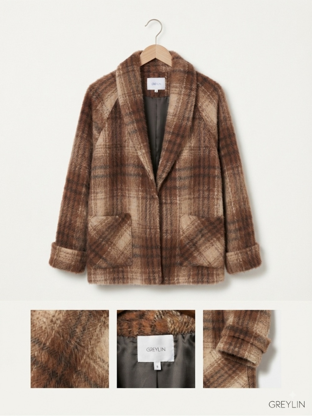 GREYLIN Women's Brown Plaid Wool Blend Jacket